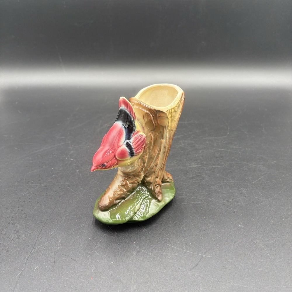 VTG Royal Copley Mauve Yellow Nuthatch On A Tree Stump Planter 5.25 Birds Porcel